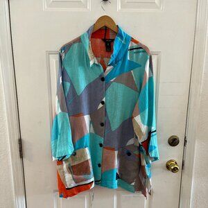 Ail Miles Plus-Size 100% Linen Abstract Color Block Button-Up Tunic Sz 2x